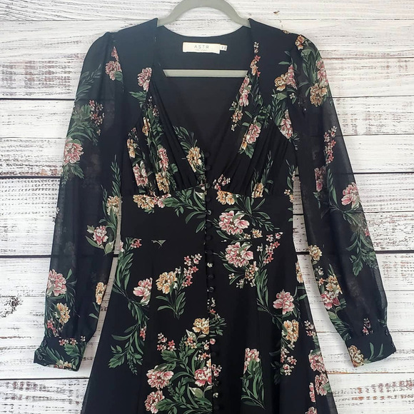 ASTR the Label Black with Pink Green Floral Midi Dress Size XS - Picture 6 of 13